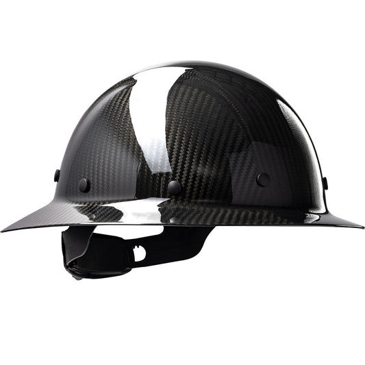 Wolfjaw 8 pt. riveted textile suspension and wheel ratchet class c type I full brim hard hat in black | Front Right View