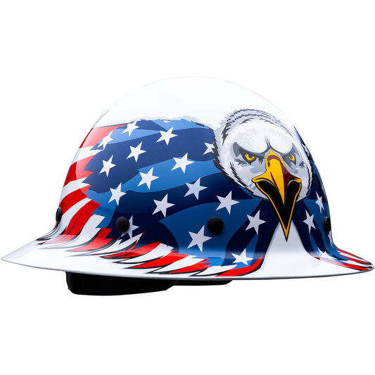Wolfjaw 8 pt. riveted textile suspension and wheel ratchet class g type I full brim hard hat in white | Front Right View