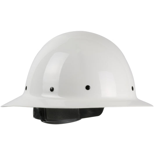 Wolfjaw 8 pt. riveted textile suspension and wheel ratchet class g type I full brim hard hat in white | Front Right View