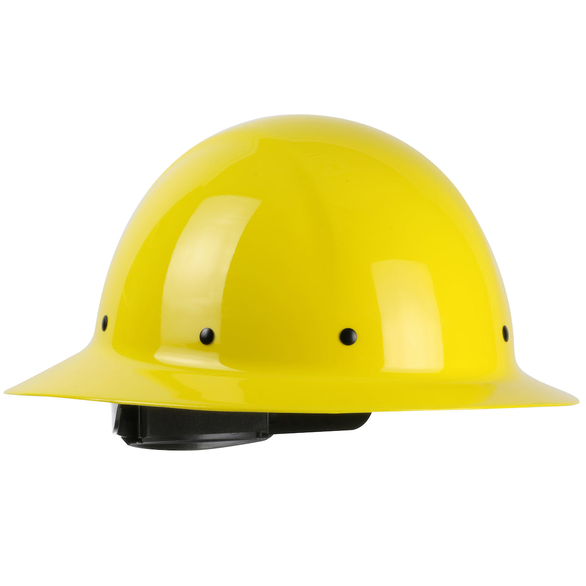 Wolfjaw 8 pt. riveted textile suspension and wheel ratchet class g type I full brim hard hat in yellow | Front Right View