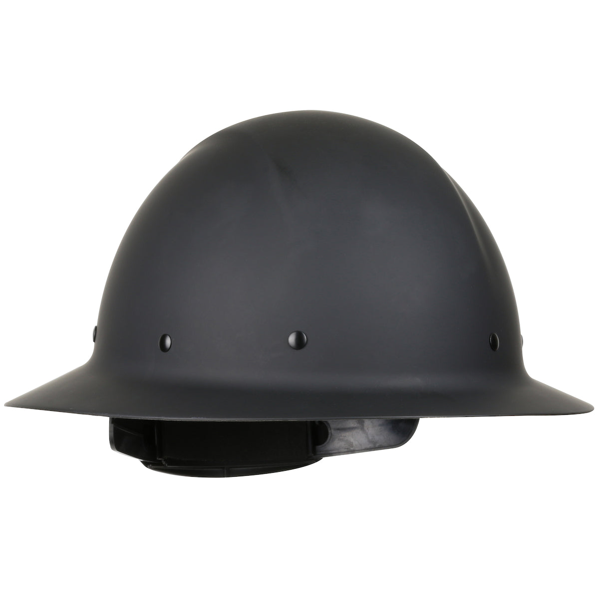 Wolfjaw 8 pt. riveted textile suspension and wheel ratchet class g type I full brim hard hat in black | Front Right View