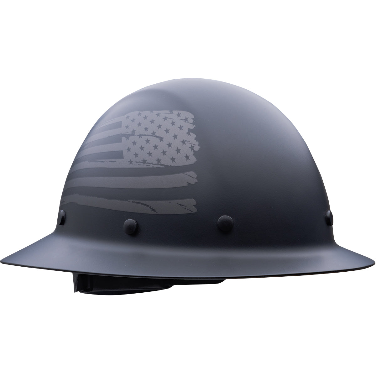 Wolfjaw 8 pt. riveted textile suspension and wheel ratchet class g type I full brim hard hat in black | Front Right View