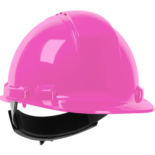Whistler wheel ratchet class c type I cap style hard hat in pink | Front Right View