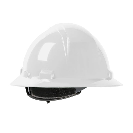 Kilimanjaro wheel ratchet class e type I full brim hard hat in white | Front Right View
