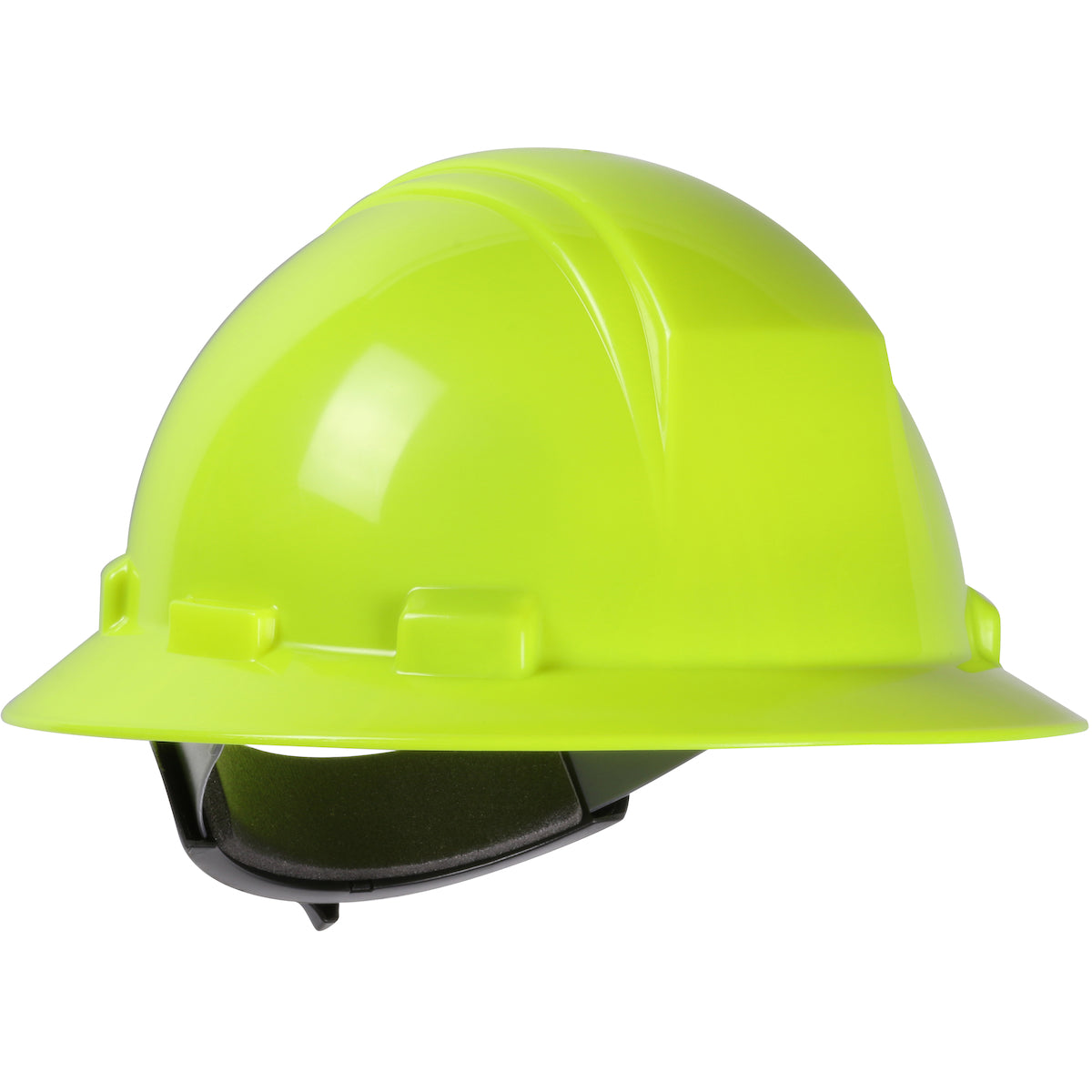 Kilimanjaro wheel ratchet class e type I full brim hard hat in hi-viz green | Front Right View