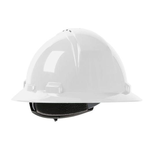 Kilimanjaro wheel ratchet class c type I full brim hard hat in white | Front Right View