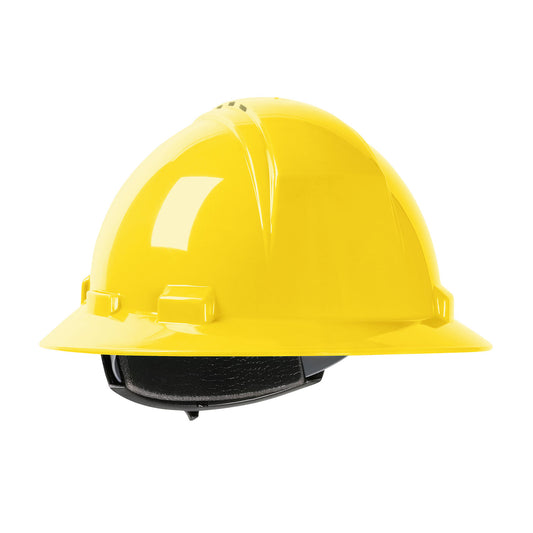Kilimanjaro wheel ratchet class c type I full brim hard hat in yellow | Front Right View