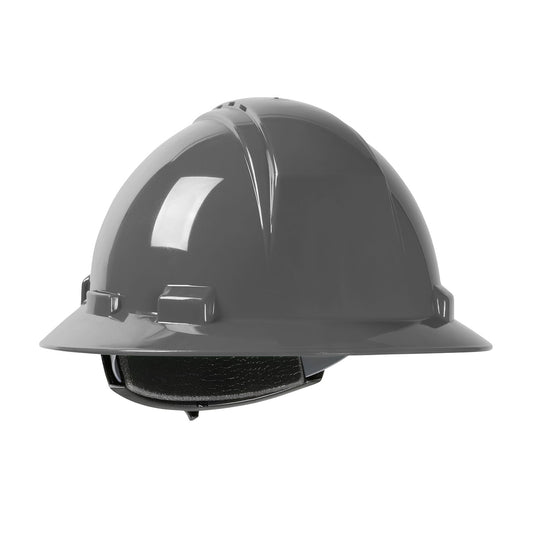 Kilimanjaro wheel ratchet class c type I full brim hard hat in dark gray | Front Right View