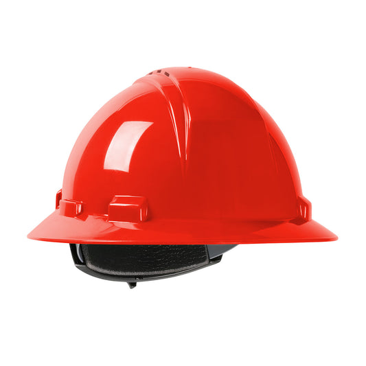 Kilimanjaro wheel ratchet class c type I full brim hard hat in red | Front Right View