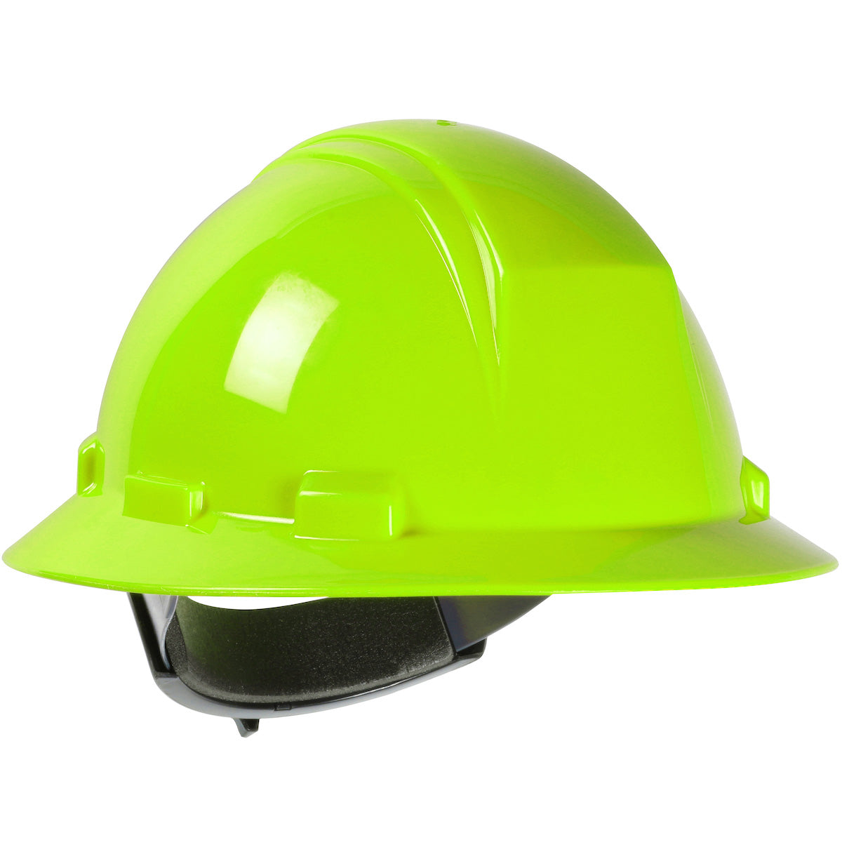 Kilimanjaro wheel ratchet class e type iI full brim hard hat in hi-viz green | Front Right View