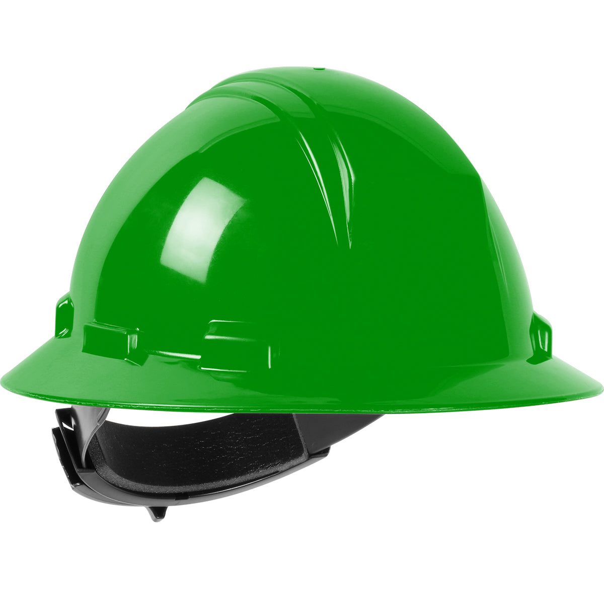 Kilimanjaro wheel ratchet class e type iI full brim hard hat in hi-viz green | Front Right View