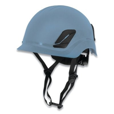 Titanium ratchet suspension class g & e type I climbing style helmet in blue | Front Left View