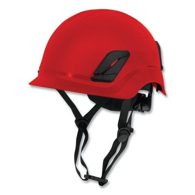 Titanium ratchet suspension class g & e type I climbing style helmet in red | Front Left View