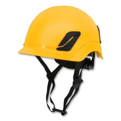 Titanium ratchet suspension class g & e type I climbing style helmet in yellow | Front Left View