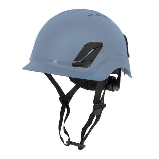 Titanium ratchet suspension class c type I climbing style helmet in blue | Front Left View