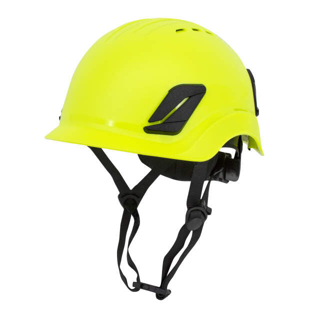 Titanium ratchet suspension class c type I climbing style helmet in hi-viz green | Front Left View