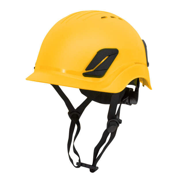 Titanium ratchet suspension class c type I climbing style helmet in yellow | Front Left View