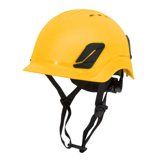 Titanium ratchet suspension class c type I climbing style helmet in yellow | Front Left View