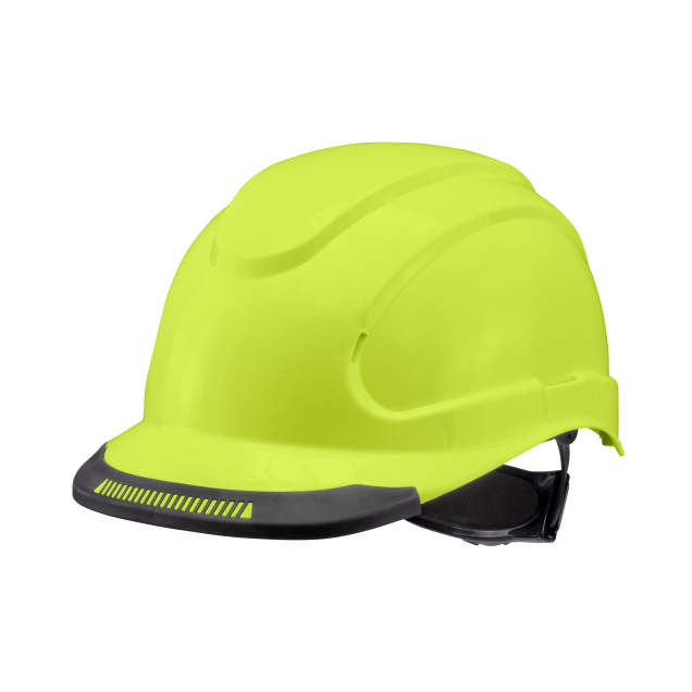 Hypeman 6 pt ratchet cap style safety hard hat in hi-viz lime | side view
