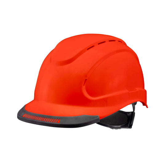 Hypeman 6 pt ratchet cap style safety hard hat in hi-viz orange | side view
