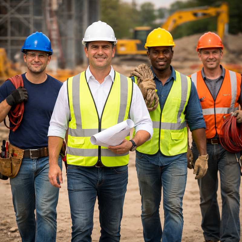 Construction crew wearing different colored hard hats including white, blue, yellow, and orange to identify roles on a jobsite
