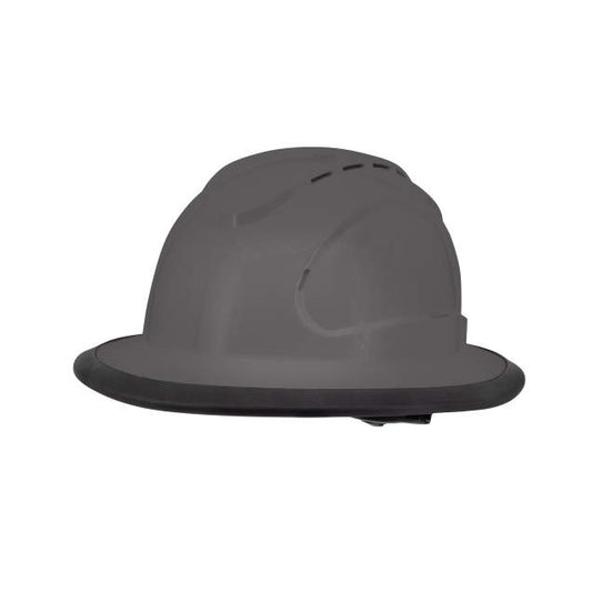 The Judge 6 pt ratchet fill brim hard hat in gray | side view