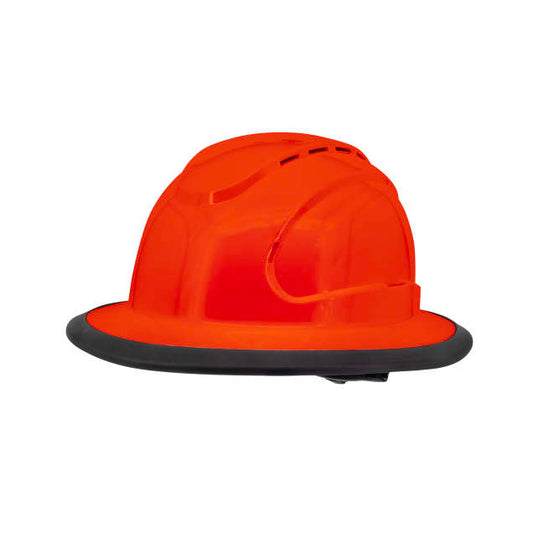 The Judge 6 pt ratchet fill brim hard hat in Hi-Viz orange | side view