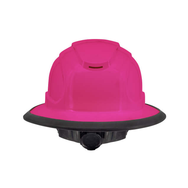 The Judge 6 pt ratchet fill brim hard hat in pink | back view