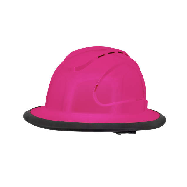 The Judge 6 pt ratchet fill brim hard hat in pink | side view