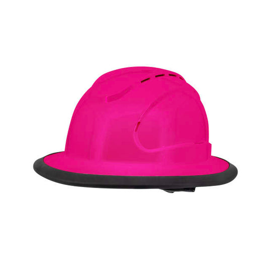 The Judge 6 pt ratchet fill brim hard hat in pink | side view
