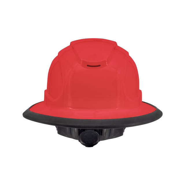 The Judge 6 pt ratchet fill brim hard hat in red | back view