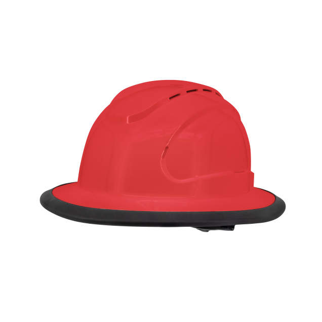 The Judge 6 pt ratchet fill brim hard hat in red | side view