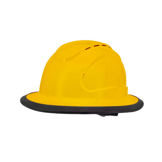 The Judge 6 pt ratchet fill brim hard hat in yellow | side view