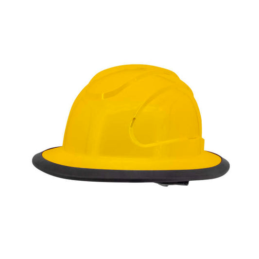 The Judge 6 pt ratchet full brim hard hat in yellow | side view