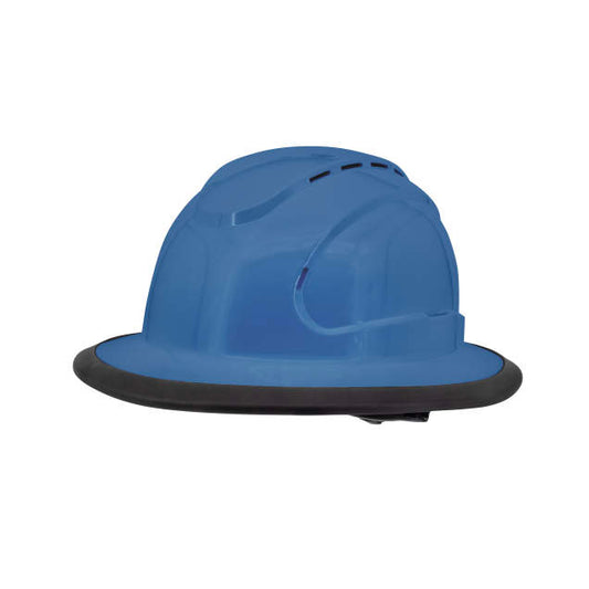 The Judge 6 pt ratchet fill brim hard hat in blue | side view