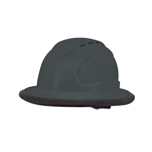 The Judge 6 pt ratchet fill brim hard hat in dark gray | side view