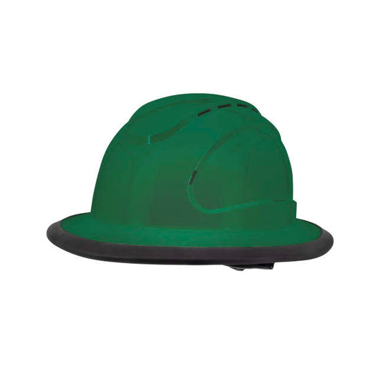 The Judge 6 pt ratchet fill brim hard hat in green | side view