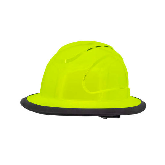 The Judge 6 pt ratchet fill brim hard hat in hi-viz lime | side view