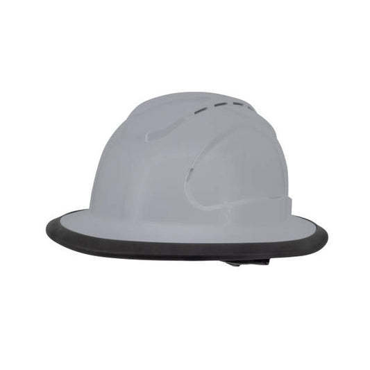 The Judge 6 pt ratchet fill brim hard hat in light gray | side view