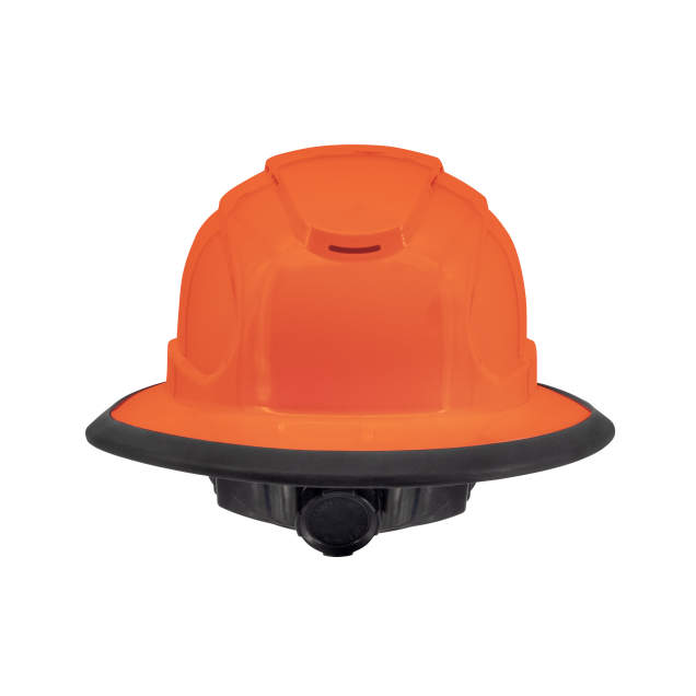 The Judge 6 pt ratchet fill brim hard hat in orange | back view