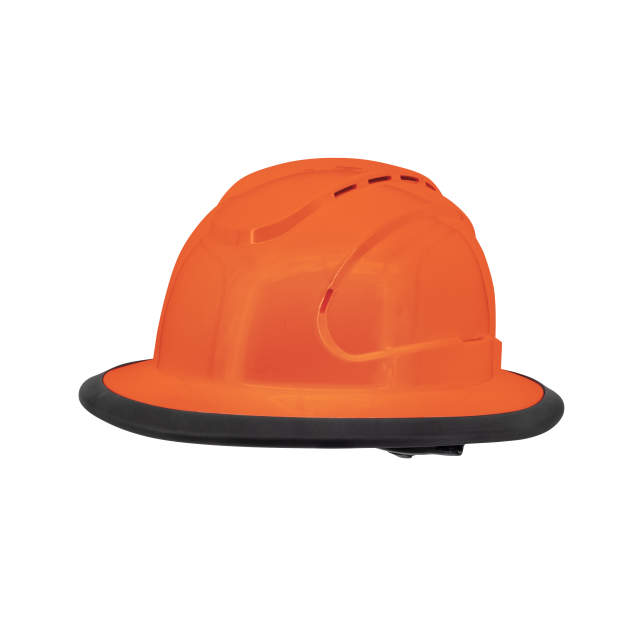 The Judge 6 pt ratchet fill brim hard hat in orange | side view