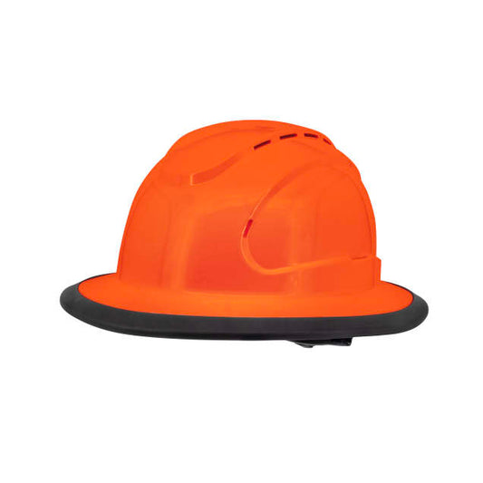 The Judge 6 pt ratchet fill brim hard hat in orange | side view