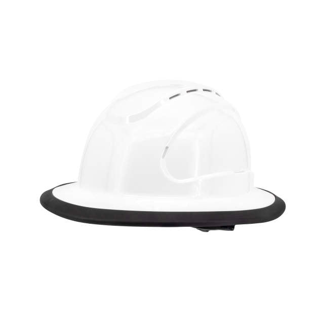 The Judge 6 pt ratchet fill brim hard hat in white | side view