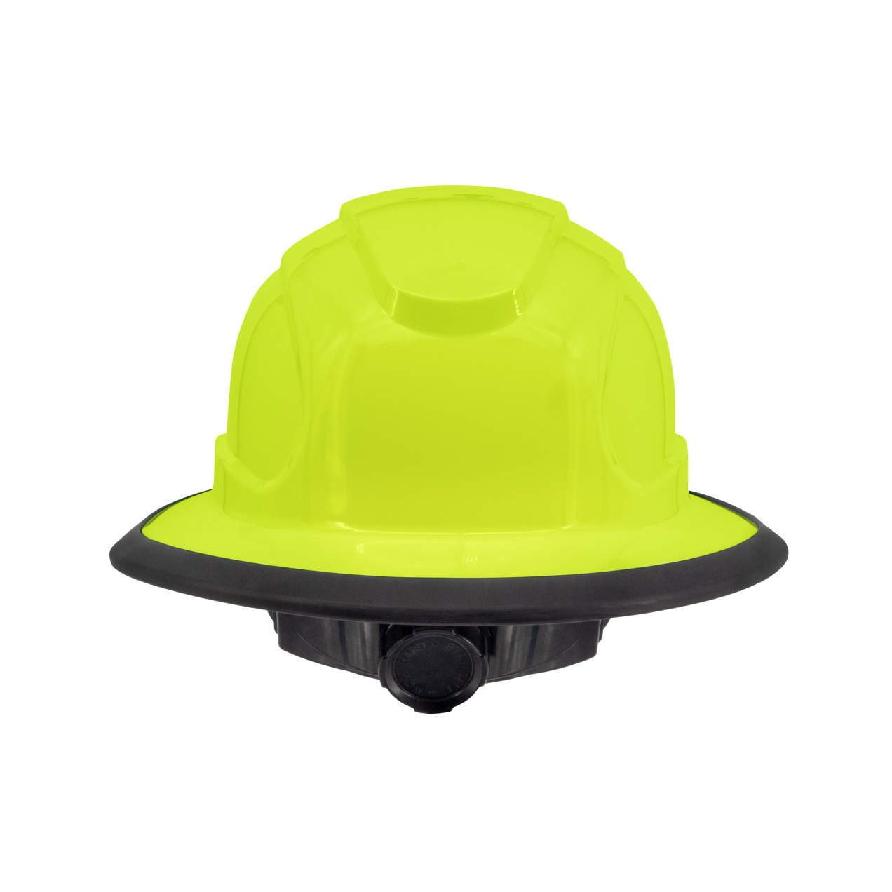 The Judge 6 pt ratchet full brim hard hat in hi viz lime | back view