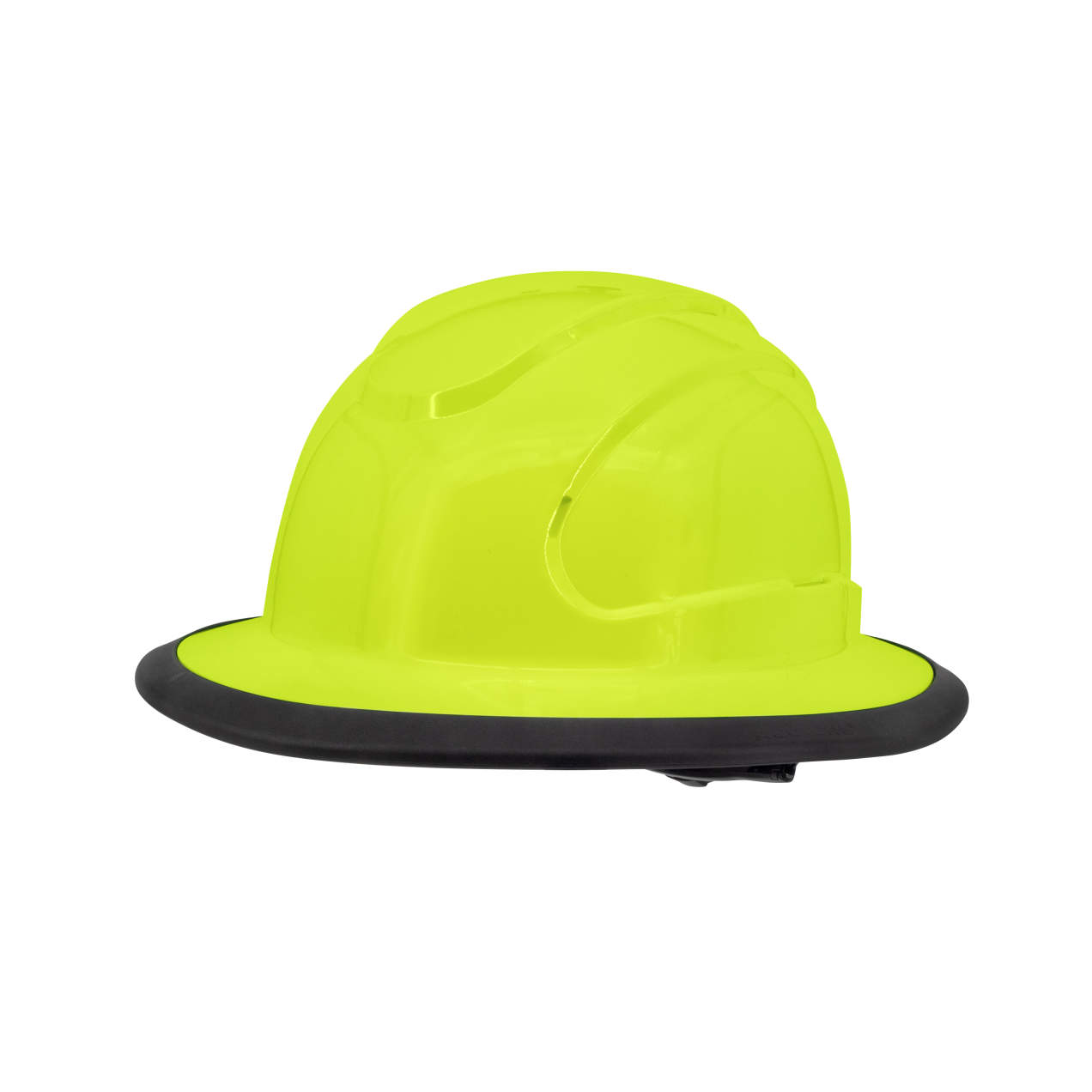 The Judge 6 pt ratchet full brim hard hat in hi viz lime | side view