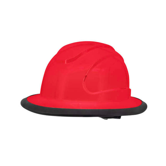 The Judge 6 pt ratchet full brim hard hat in red | side view