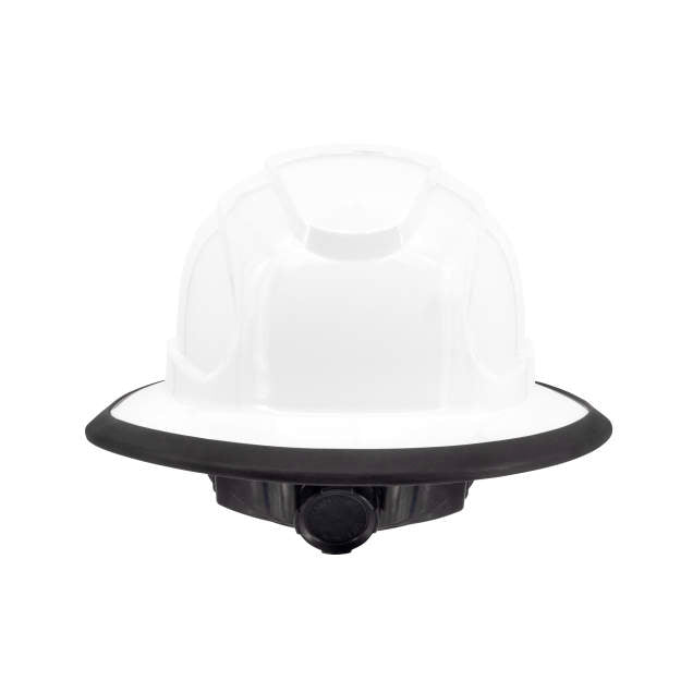 The Judge 6 pt ratchet full brim hard hat in white | back view