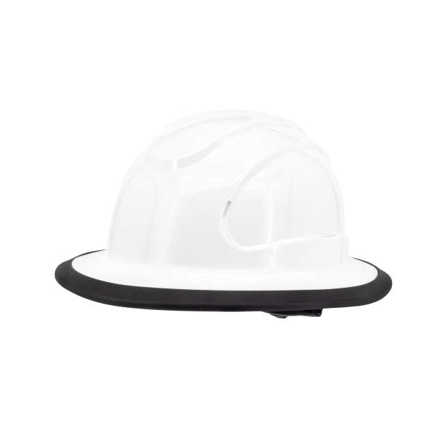 The Judge 6 pt ratchet full brim hard hat in white | side view